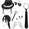 A set featuring a black sequin disco hat, black tie, and sparkly silver gloves.