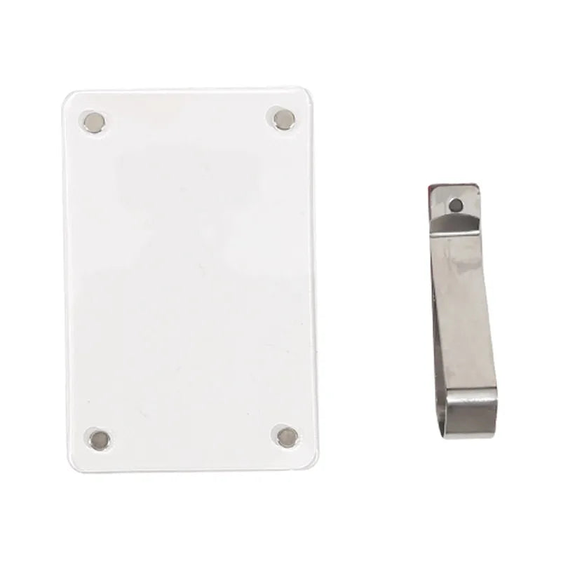 A white photo frame clip with a silver metal holder and mounting tabs.