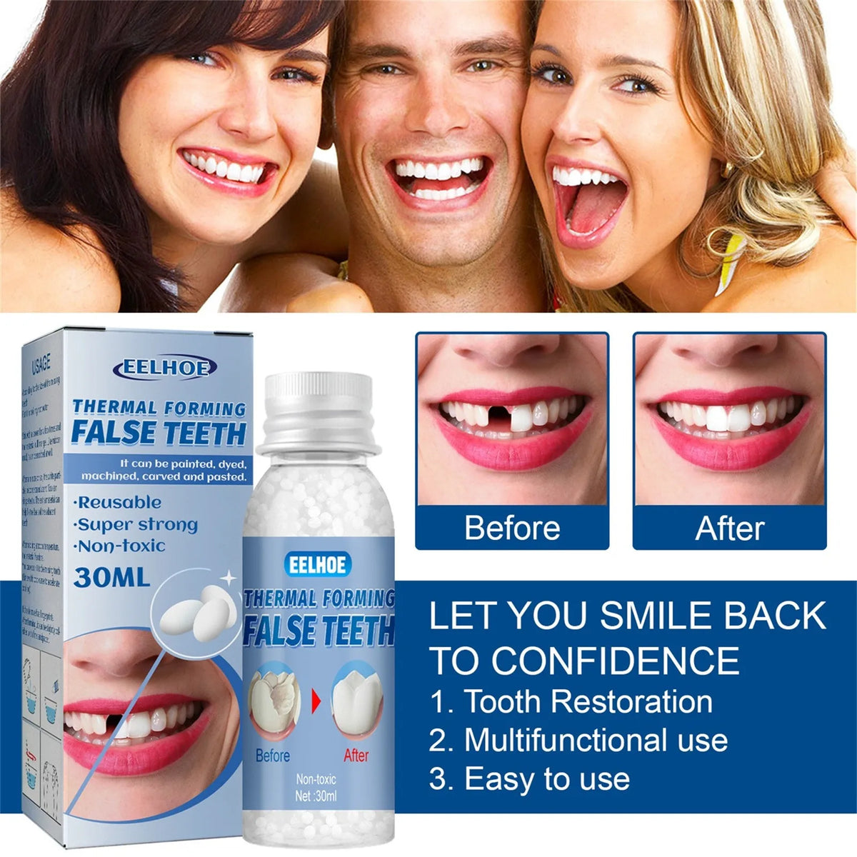 A package of thermal forming false teeth and a bottle of tooth repair kit showing before and after results.