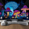 A dark wall tapestry featuring glowing, bioluminescent mushrooms and forest elements under UV light.