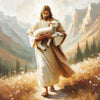 A painting depicting Jesus holding a lamb while walking on a path through a mountainous landscape.