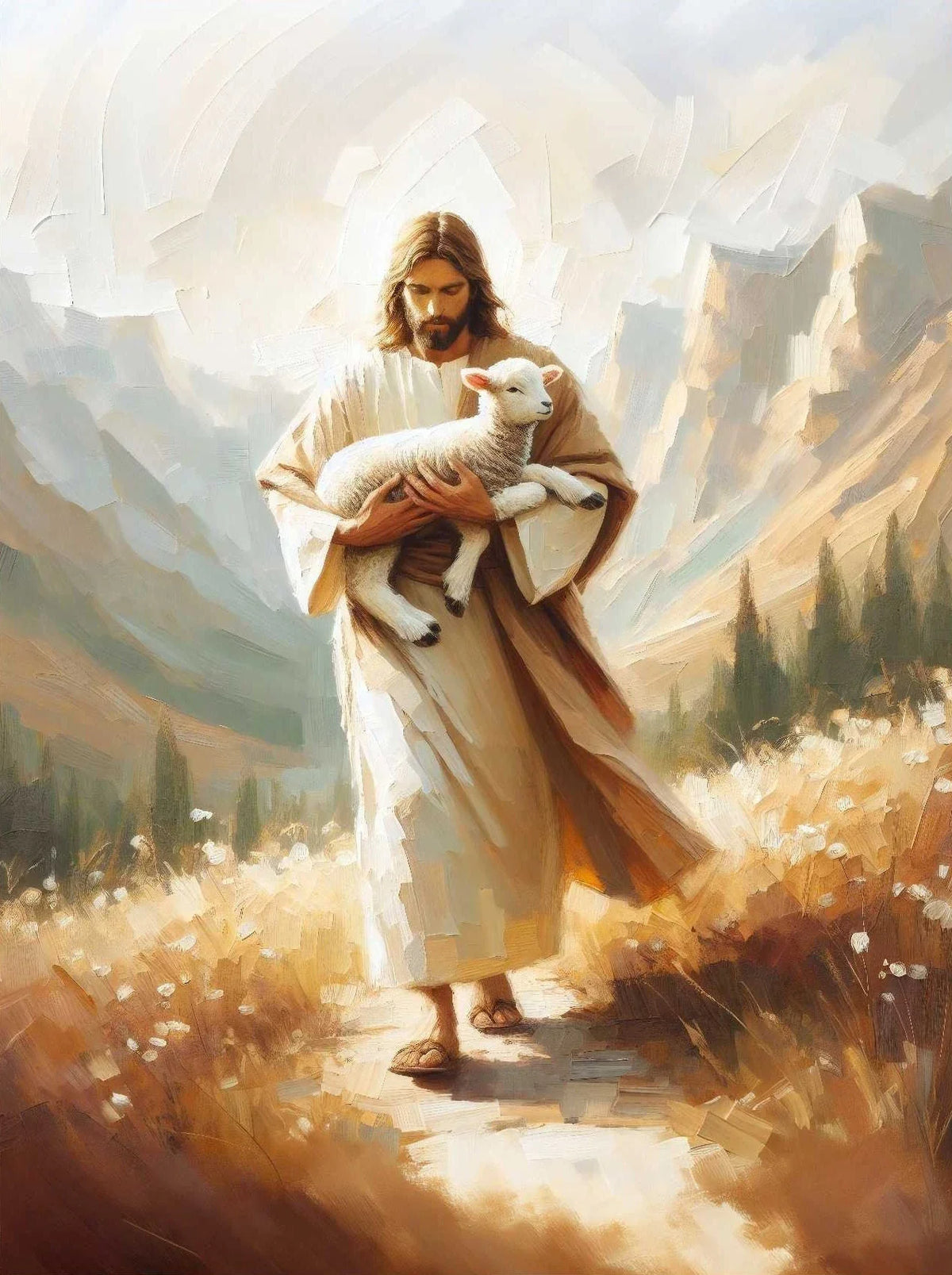 A painting depicting Jesus holding a lamb while walking on a path through a mountainous landscape.