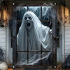 A ghostly figure in a white veil stares through a distressed window pane decorated with spiderwebs.
