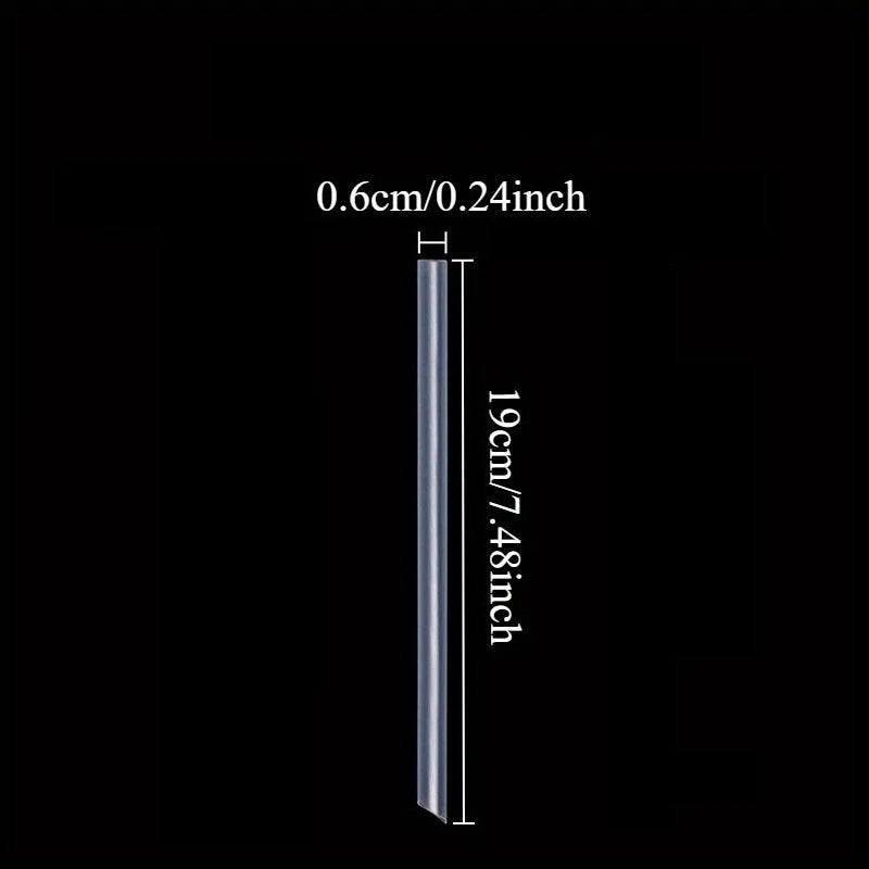 A vertical view of clear disposable drinking straws showing dimensions of 0.6cm or 0.24inch and a length of 19cm or 7.48inch.