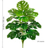 Artificial Monstera plant with silk green leaves shown vertically.