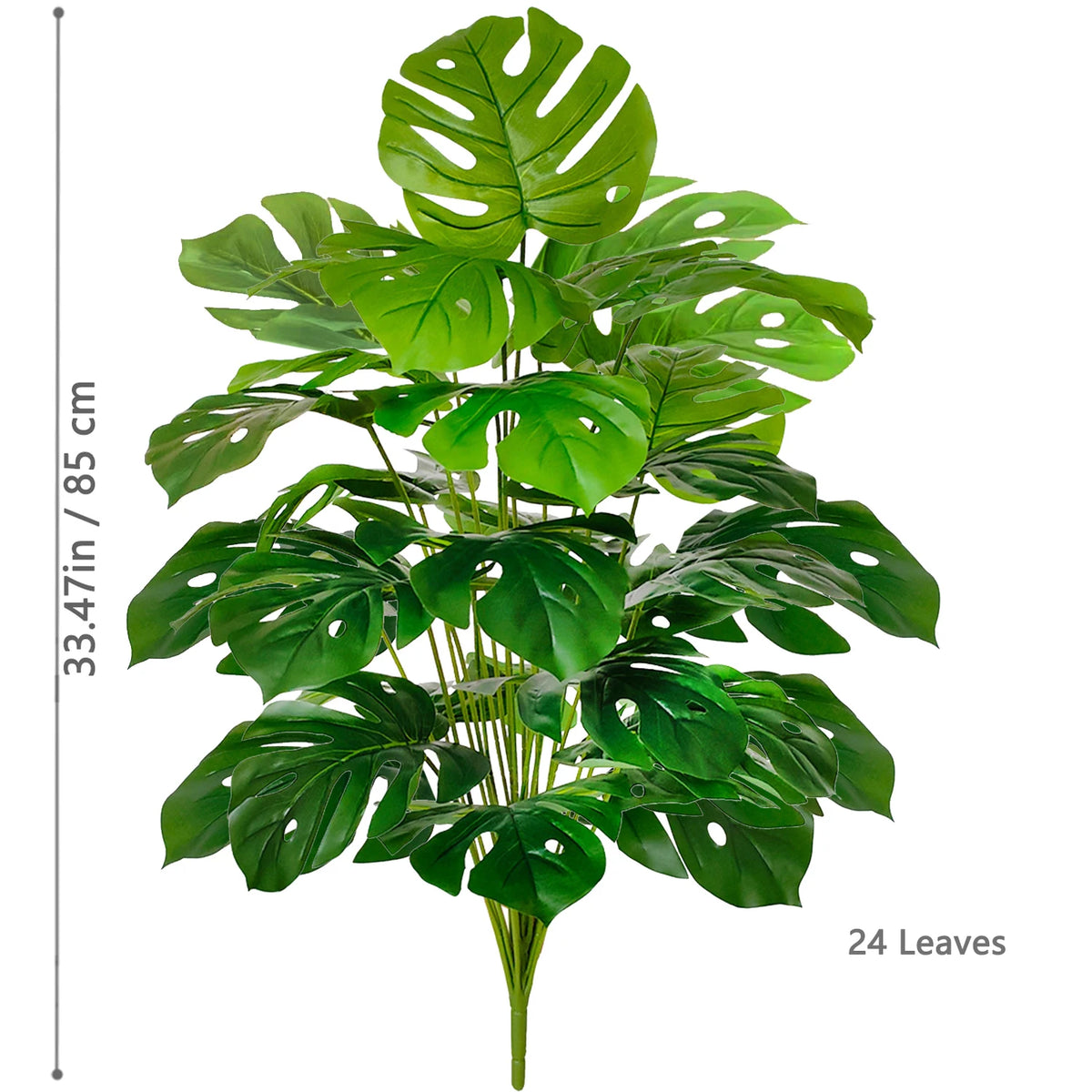 Artificial Monstera plant with silk green leaves shown vertically.