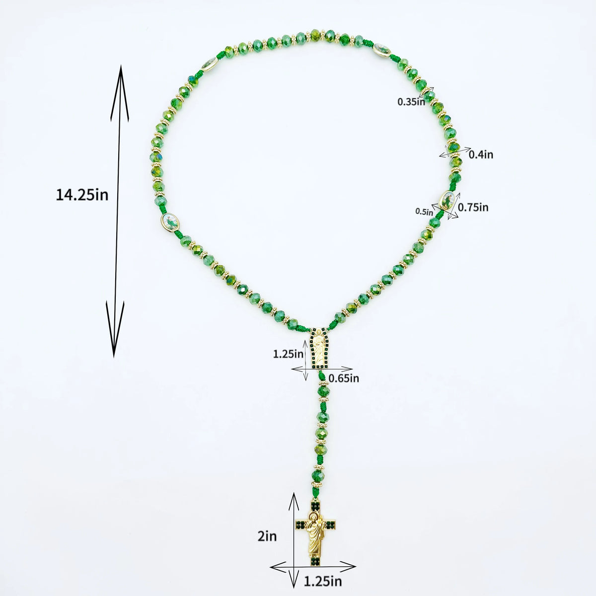 A green crystal rosary necklace featuring a Saint Jude and Virgin Mary cross pendant.