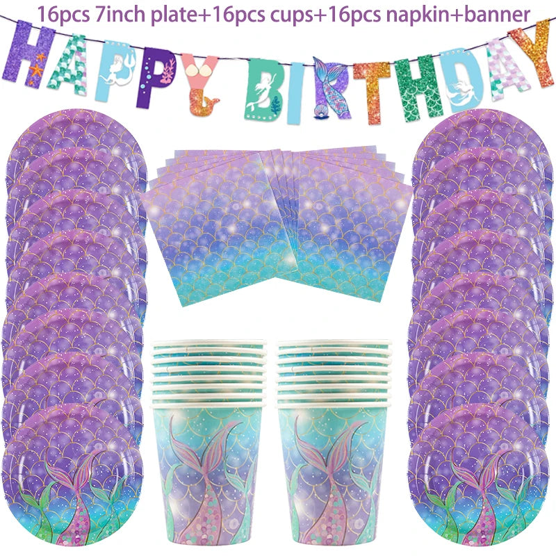 A set of purple and teal mermaid-themed party tableware including plates, cups, and napkins for a birthday celebration.