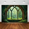 A painting depicting a forest scene viewed through an arched window with intricate stained glass patterns.