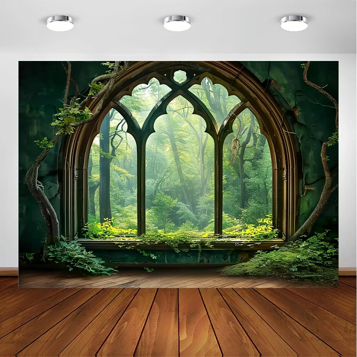 A painting depicting a forest scene viewed through an arched window with intricate stained glass patterns.