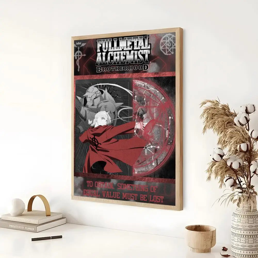 A vertical poster featuring a dark, intense illustration of characters and text related to Fullmetal Alchemist brotherhood.