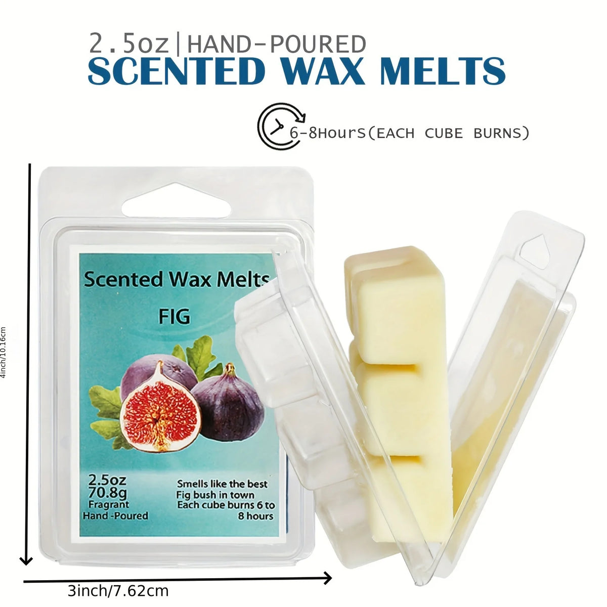 A package of 2.5oz hand-poured scented wax melts featuring fig botanicals and several wax cubes.