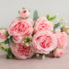 Silk Peony Artificial Flower Bouquet – 5 Blooms & 4 Buds in Rose Pink