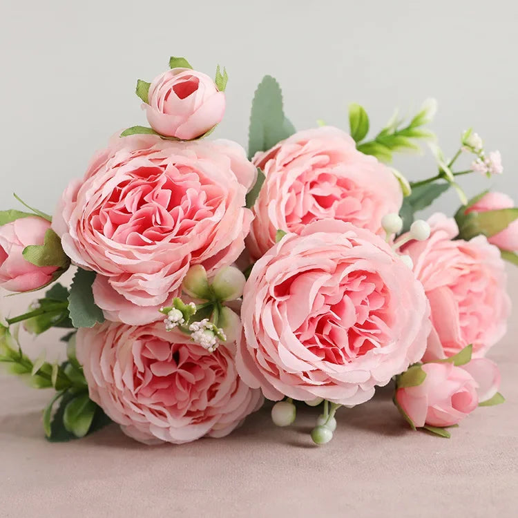 Silk Peony Artificial Flower Bouquet – 5 Blooms & 4 Buds in Rose Pink