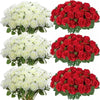 A collection of artificial silk rose bouquets in white and red colors.
