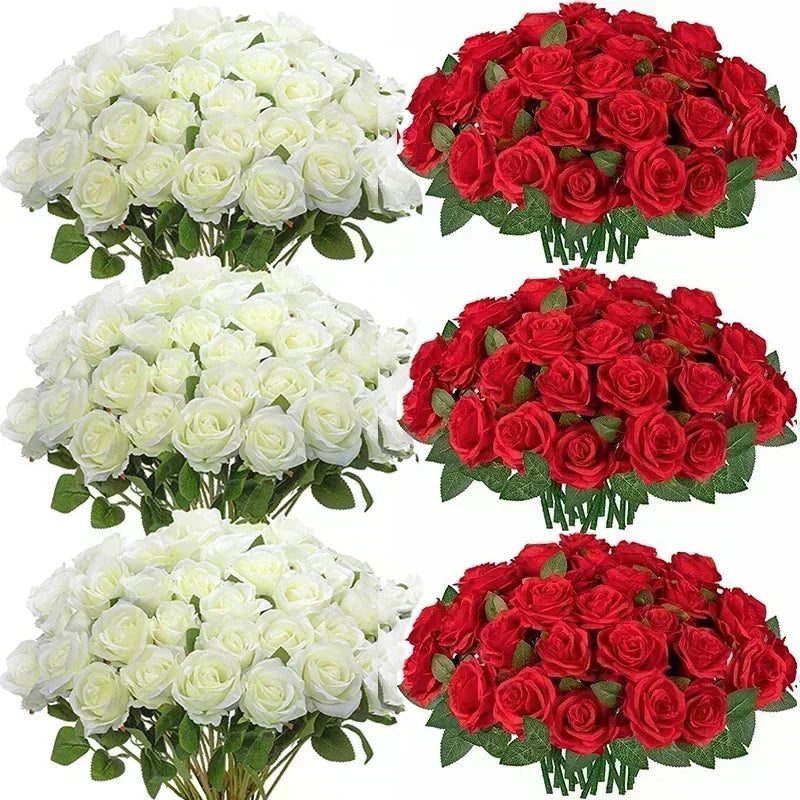 A collection of artificial silk rose bouquets in white and red colors.