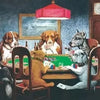 A painting depicting several dogs playing poker around a table in a dimly lit room.