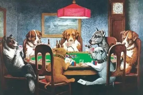 A painting depicting several dogs playing poker around a table in a dimly lit room.
