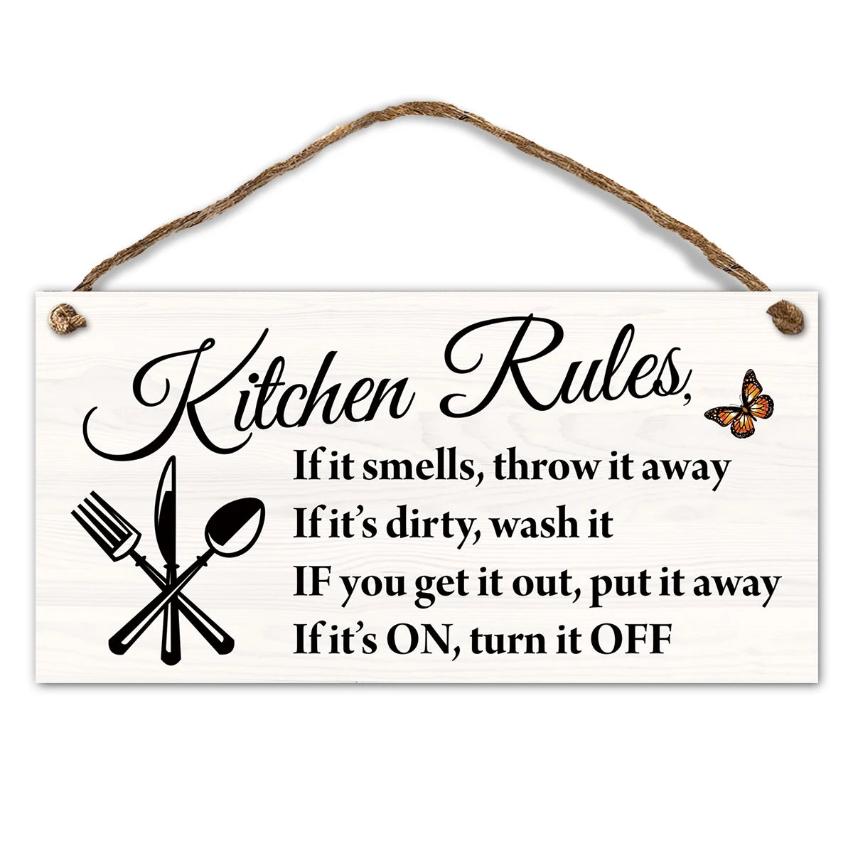 A wooden hanging sign with black text listing kitchen rules such as throwing away smelly items and turning off appliances.