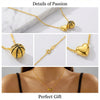 Gold heart basketball pendant necklace displayed on a white marble background and worn by a woman.