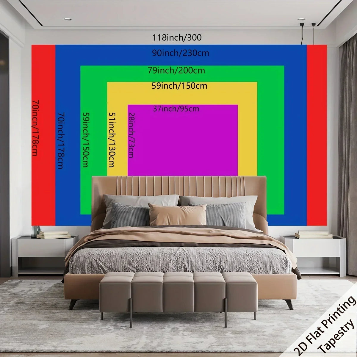 A large wall tapestry featuring vibrant vertical stripes of red, blue, green, and purple framing a bed.