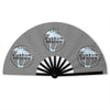 Gray polyester folding hand fan with custom design text and sunburst pattern.