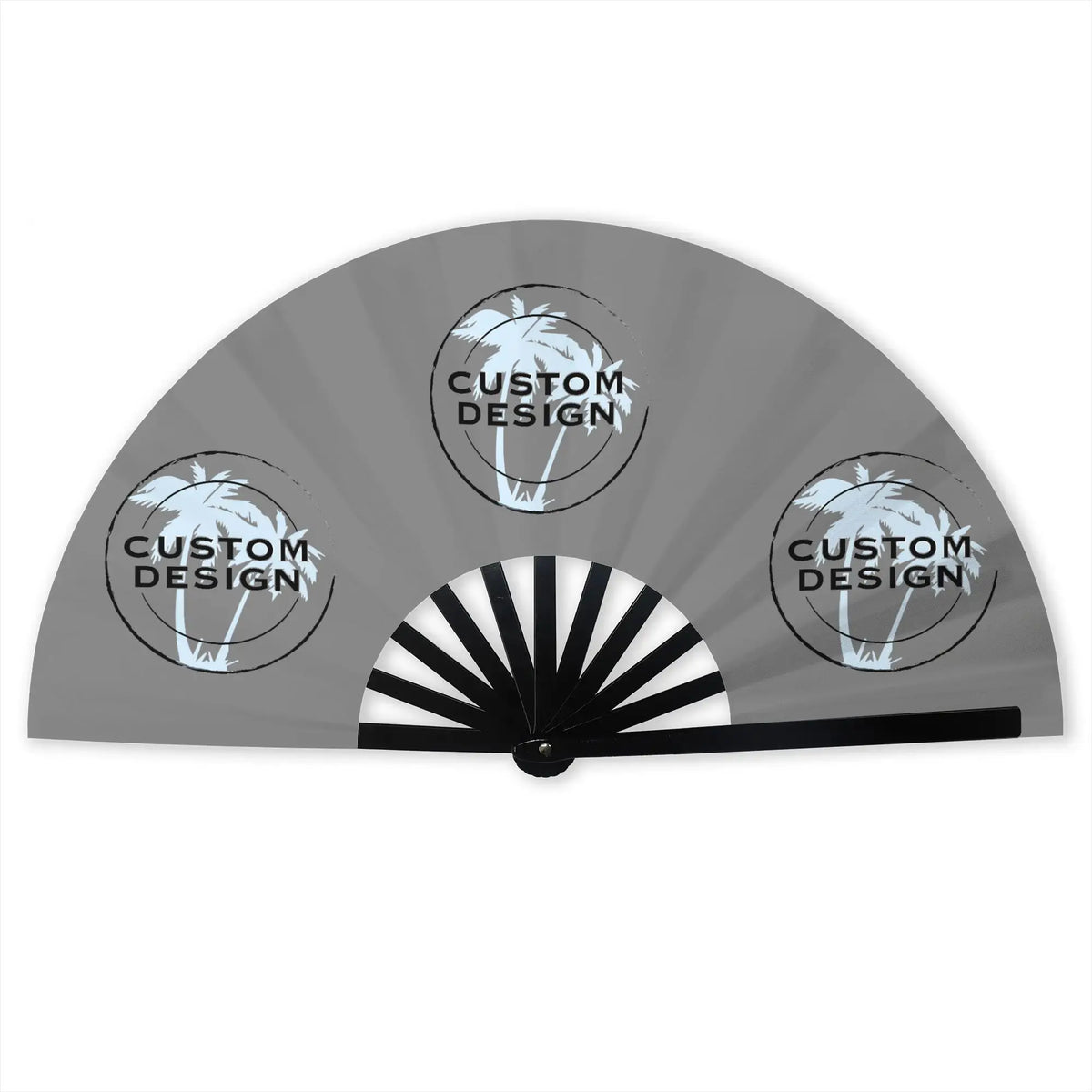 Gray polyester folding hand fan with custom design text and sunburst pattern.