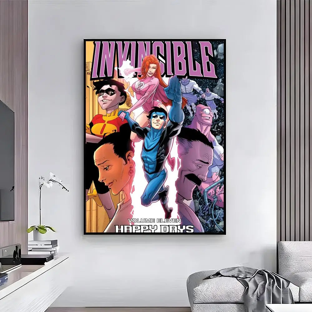 Animated wall art poster featuring characters from the Invincible series with bold typography
