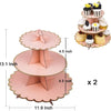 A pink 3-tier cupcake stand with two tiers, featuring cupcakes and cake pops.