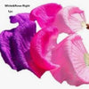 A vibrant pink and purple silk ribbon dance fan shown in various folds and open forms.