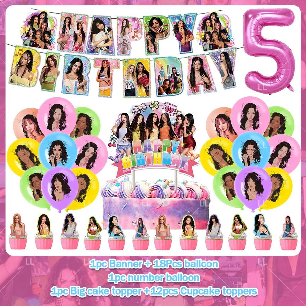 K-pop inspired birthday party decoration set featuring balloons, a backdrop, and cake toppers.