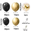 Bulk set of black and gold latex balloons including 40, 15, and 5 count balloons and various accessories