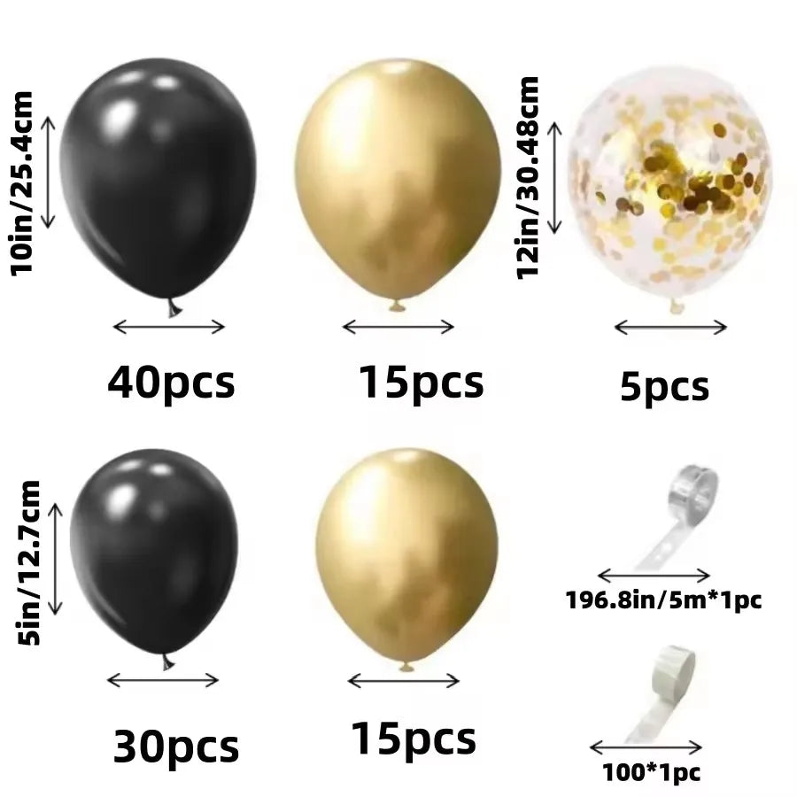 Bulk set of black and gold latex balloons including 40, 15, and 5 count balloons and various accessories