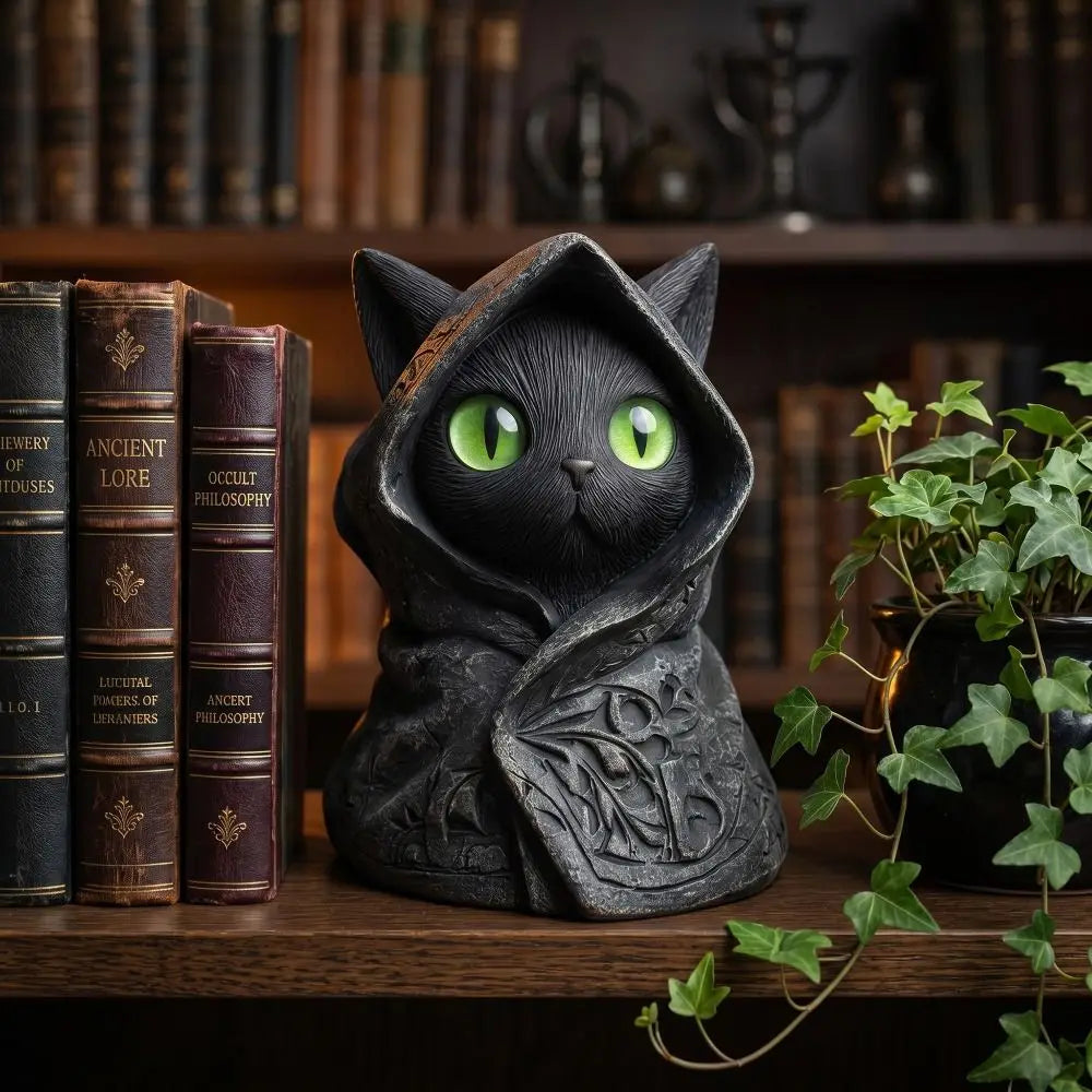 A dark, sculpted statue of a cat with large green eyes wearing a hooded cloak, displayed on a wooden shelf among old books.