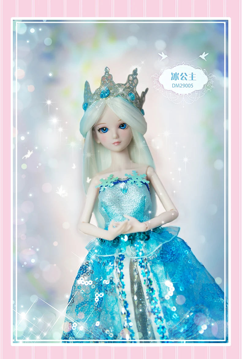 A beautiful ball-jointed doll dressed in a sparkling blue gown and crown, presented against a soft, light background.