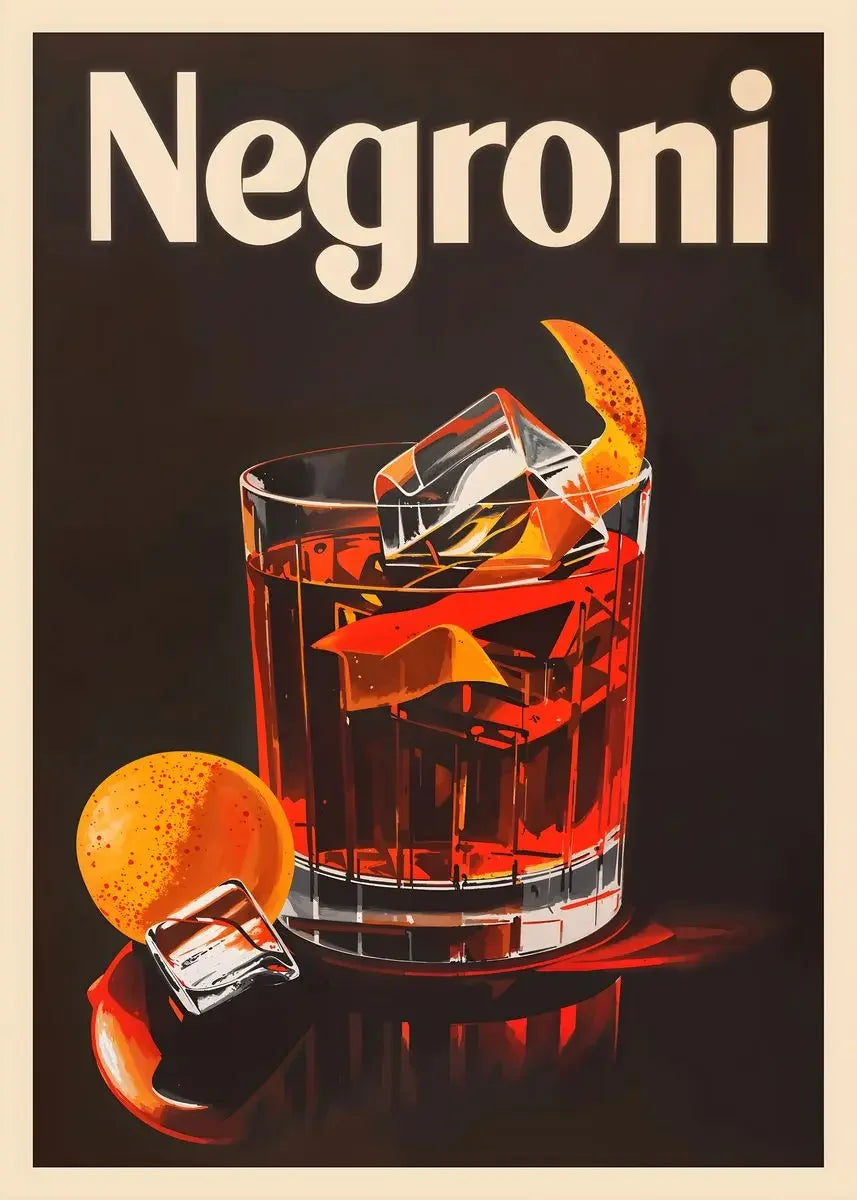 A glass of Negroni with ice and an orange peel sits on a dark surface against a black background.