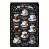 A black metal sign with white text listing various coffee menu items like Espresso, Latte Macchino, and Cappuccino.