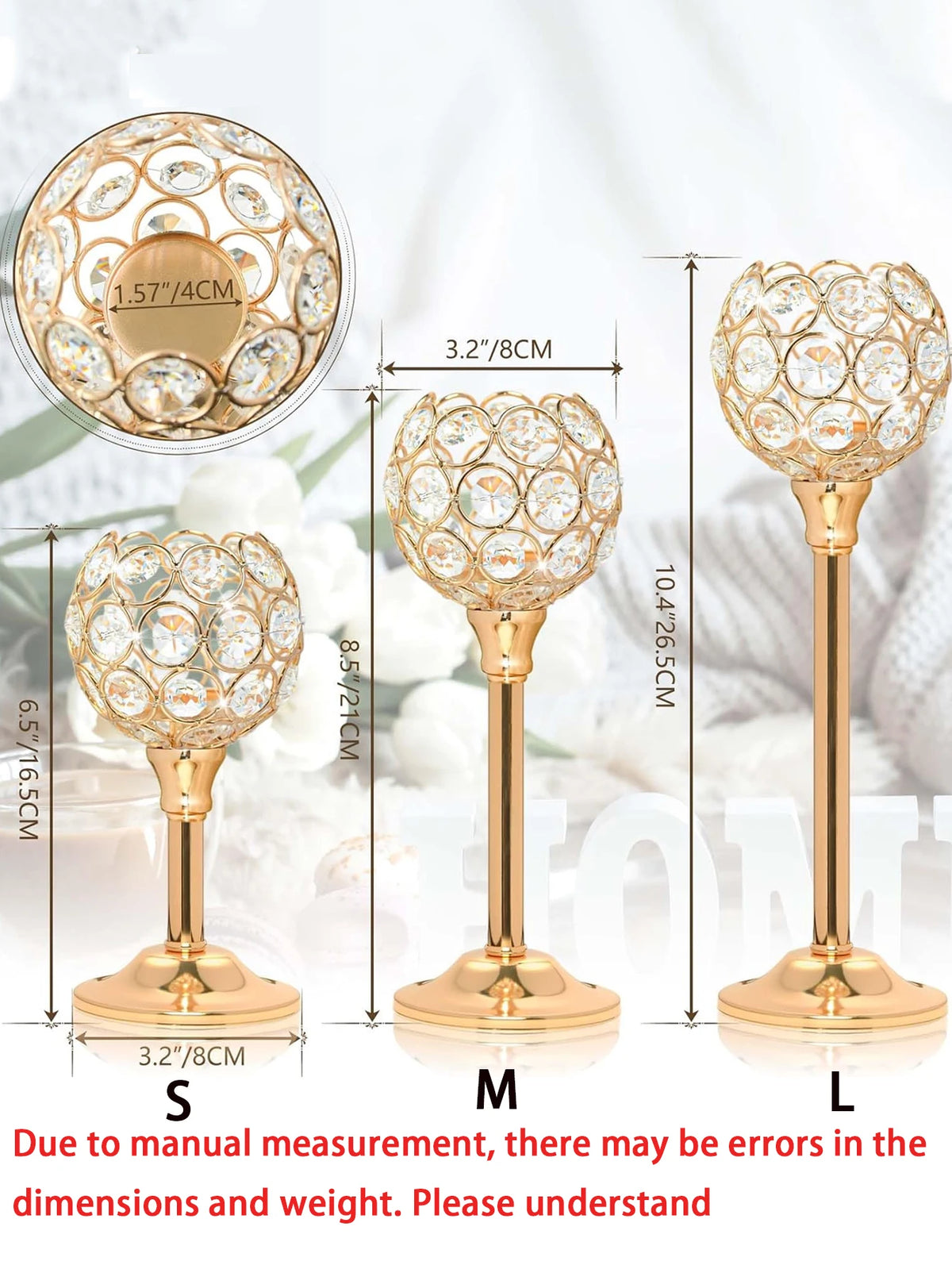Golden crystal candle holder with a decorative finish shown in size S, M, and L.