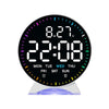 A digital alarm clock display showing 8:27, 22:08, and the days of the week, with colorful LED accents.