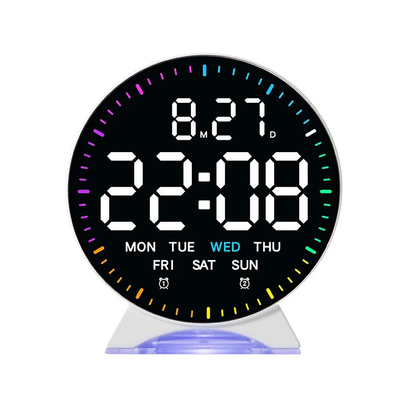 A digital alarm clock display showing 8:27, 22:08, and the days of the week, with colorful LED accents.