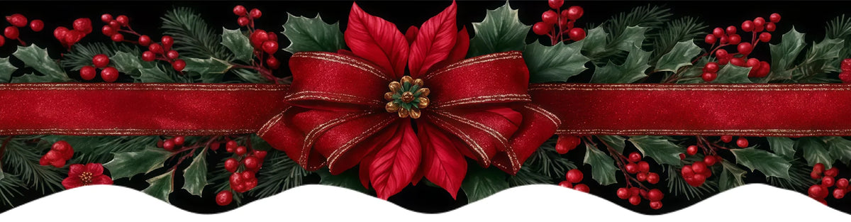 Festive Christmas fireplace scarf featuring a red bow and green pine with red berries print