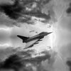 Black and white image of an Eurofighter Typhoon jet flying through stormy clouds with lightning.