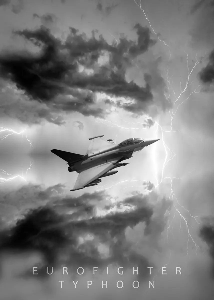 Black and white image of an Eurofighter Typhoon jet flying through stormy clouds with lightning.
