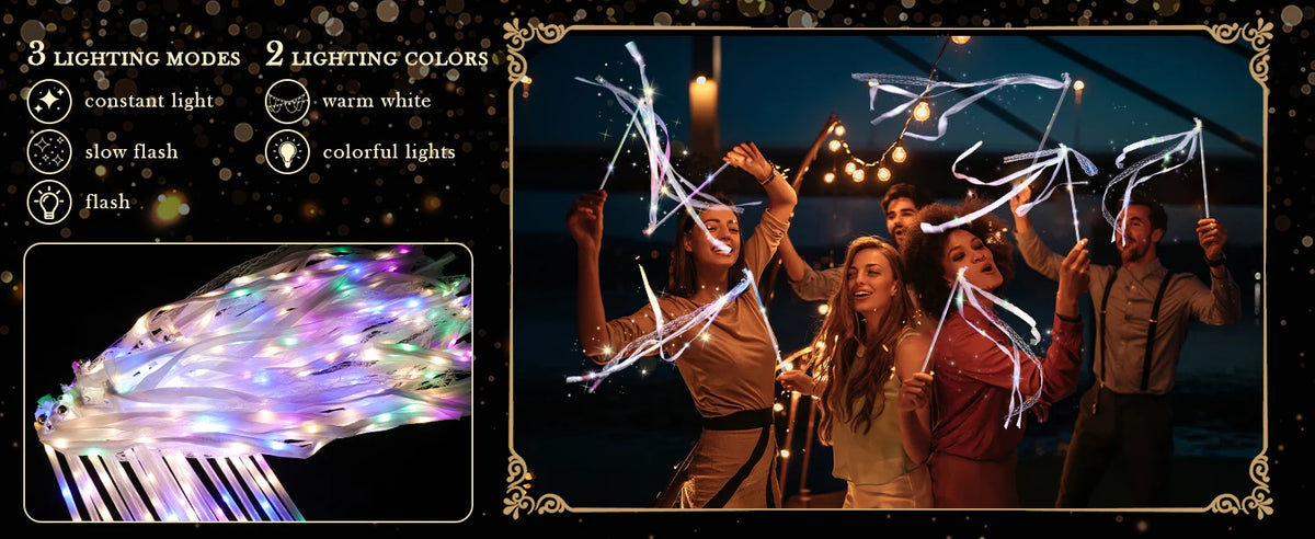 A display showing three lighting modes, two colors, and an example of LED glow wands with ribbons and bells for events.