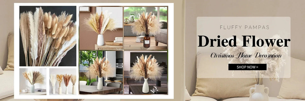 Getrockeltes Blumenarrangement mit flauschigem Pampasgras in natürlichen Tönen zur Weihnachtsdekoration für Zuhause
