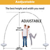 Adjustable balloon arch kit demonstrating height and width measurements with a man and woman.