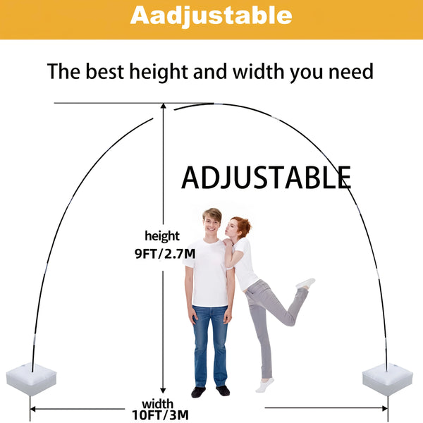 Adjustable balloon arch kit with stand demonstrating height and width measurements.