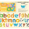 A set of magnetic letters and numbers puzzle featuring various alphabet characters and numerals.