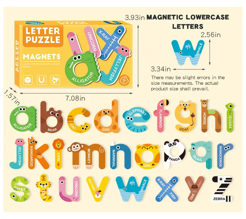 A set of magnetic letters and numbers puzzle featuring various alphabet characters and numerals.