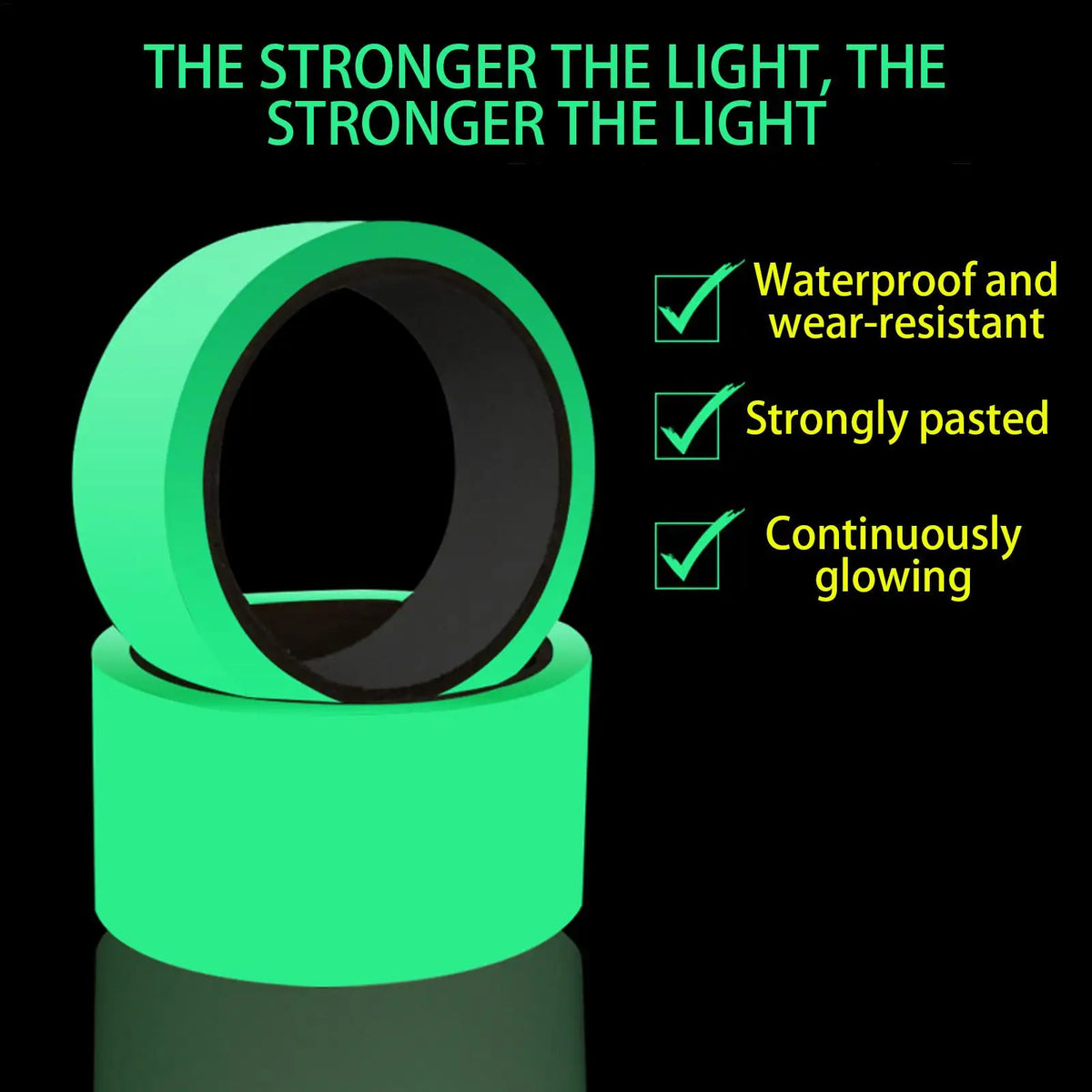 A roll of bright green glow-in-the-dark safety warning tape with a black core.